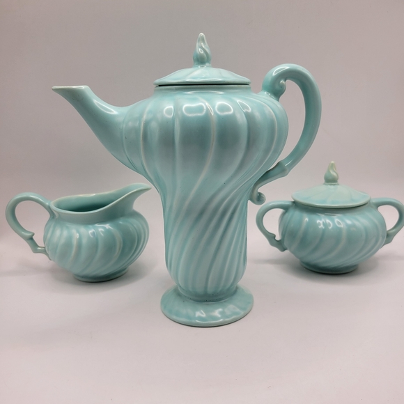 Vintage 1940s Franciscan Ware USA Aqua Coronado Swirl Coffee Pot Cream & Sugar